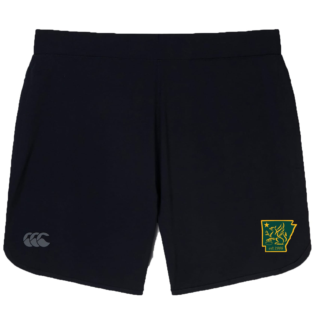The Arkansas Gryphons Elite Woven Short by EMB Canterbury features a small yellow and green emblem on the left leg, a grey Canterbury logo on the right, and zippered pockets—ideal for any training shorts collection.