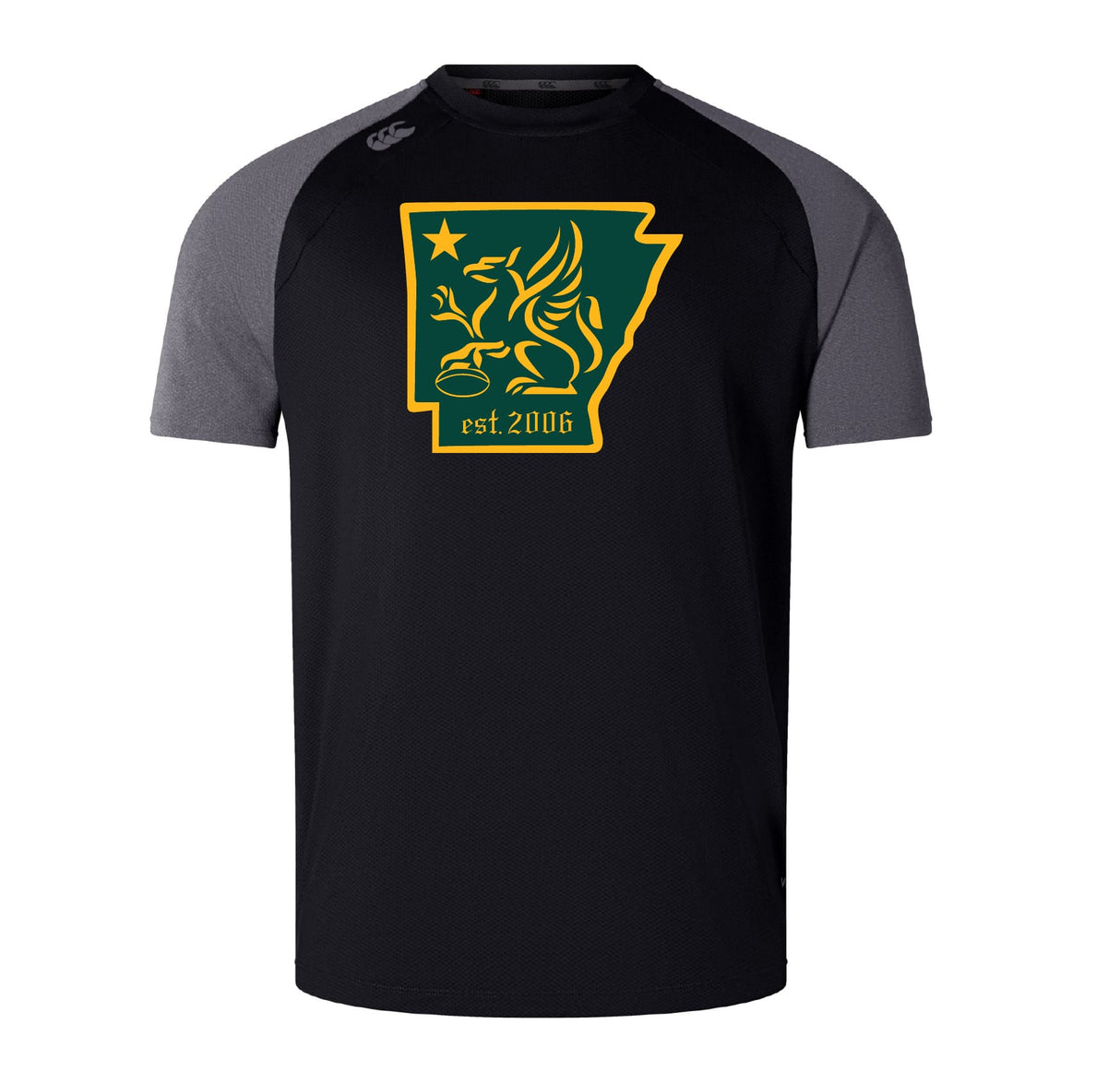 The Arkansas Gryphons Elite Training Tee by WRS Canterbury features a black and gray design, a yellow and green griffin logo inside an Arkansas outline with "est. 2006," and is made with Vapodri fabric for superior comfort and moisture control.