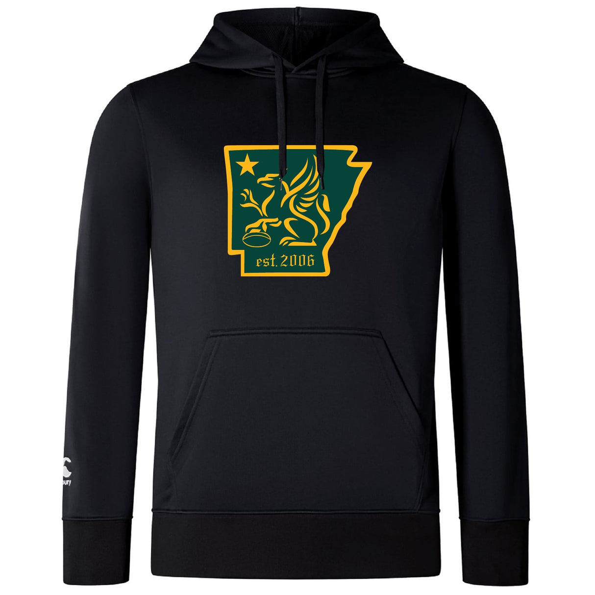The Arkansas Gryphons Club Lightweight Hoodie by WRS Canterbury is a black hoodie with a yellow-green griffin, star, and "est. 2006" in an Arkansas outline, custom made for Canterbury Club and finished with a small white logo near the left cuff.