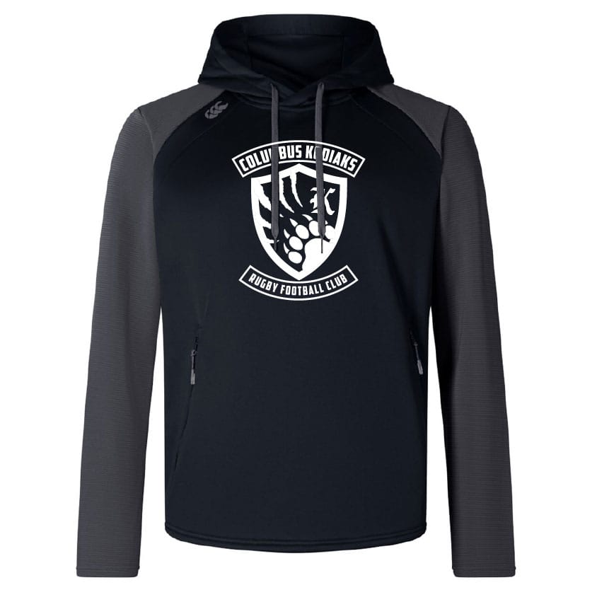 The Columbus Kodiaks Elite Training Hoody by WRS Canterbury pairs black and dark gray hues with a white club logo on the chest, crafted from premium fabrics for top performance and comfort.