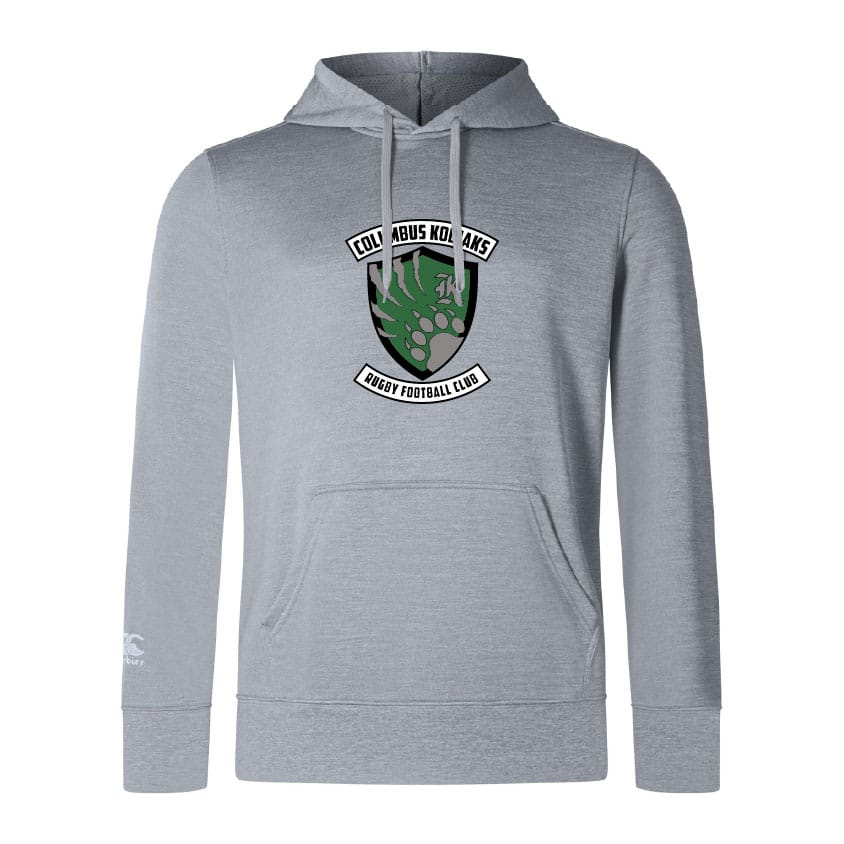 The Columbus Kodiaks Club Lightweight Hoodie by WRS Canterbury features a front pocket, green bear paw logo with "Columbus Kodiaks Rugby Football Club" on the chest, and a comfy gray polyester hood.
