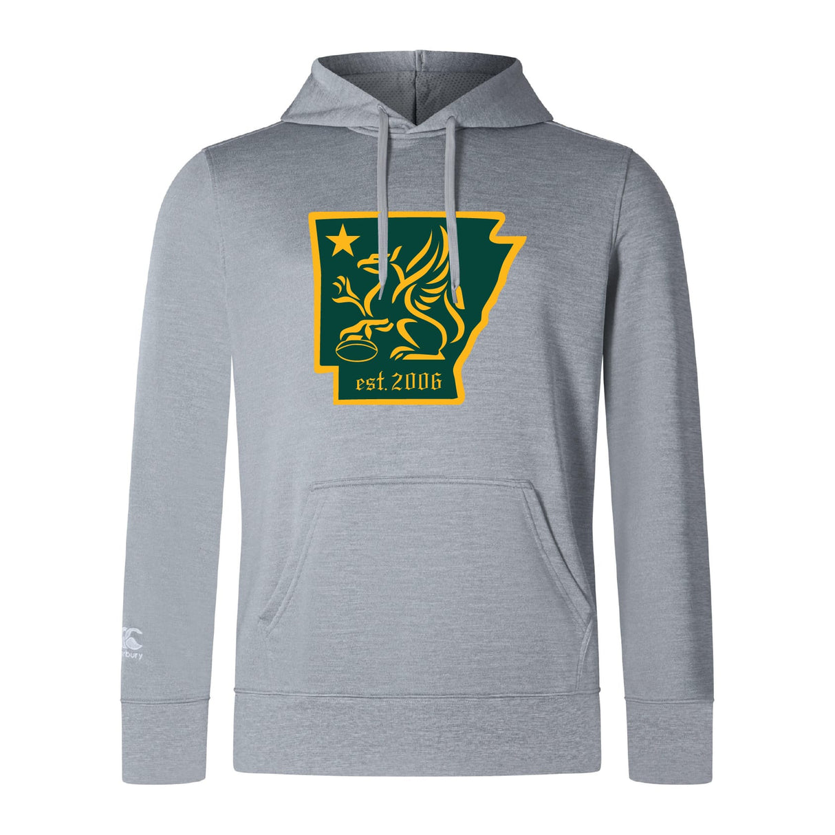 The Arkansas Gryphons Club Lightweight Hoodie by Canterbury from WRS Canterbury is a custom gray hoodie with a green and yellow mythological creature inside an Arkansas outline and "est. 2006," inspired by the Canterbury Club.