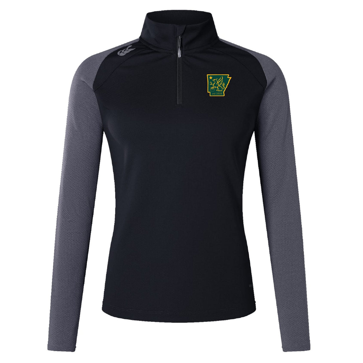 The Arkansas Gryphons Women’s Elite First Layer by EMB Canterbury is a black long-sleeve top with gray sleeves, quarter zip, VapoDri moisture-wicking tech, and a green/yellow Arkansas state logo on the left chest.
