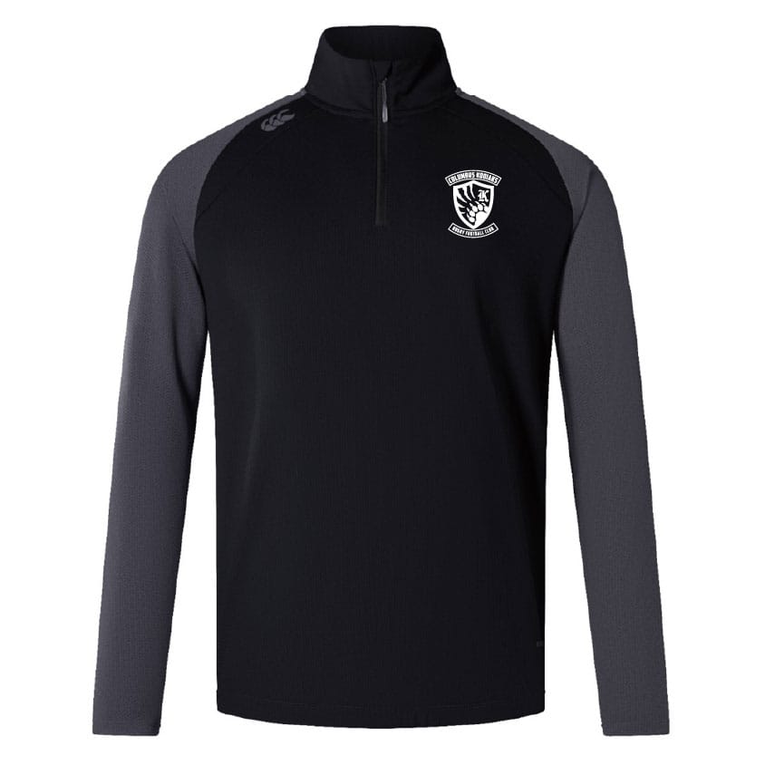 The Columbus Kodiaks Women's Elite First Layer by EMB Canterbury is a black and dark gray long-sleeve pullover, featuring a quarter zip, white crest logo on the left chest, and lightweight honeycomb VapoDri fabric for moisture management.