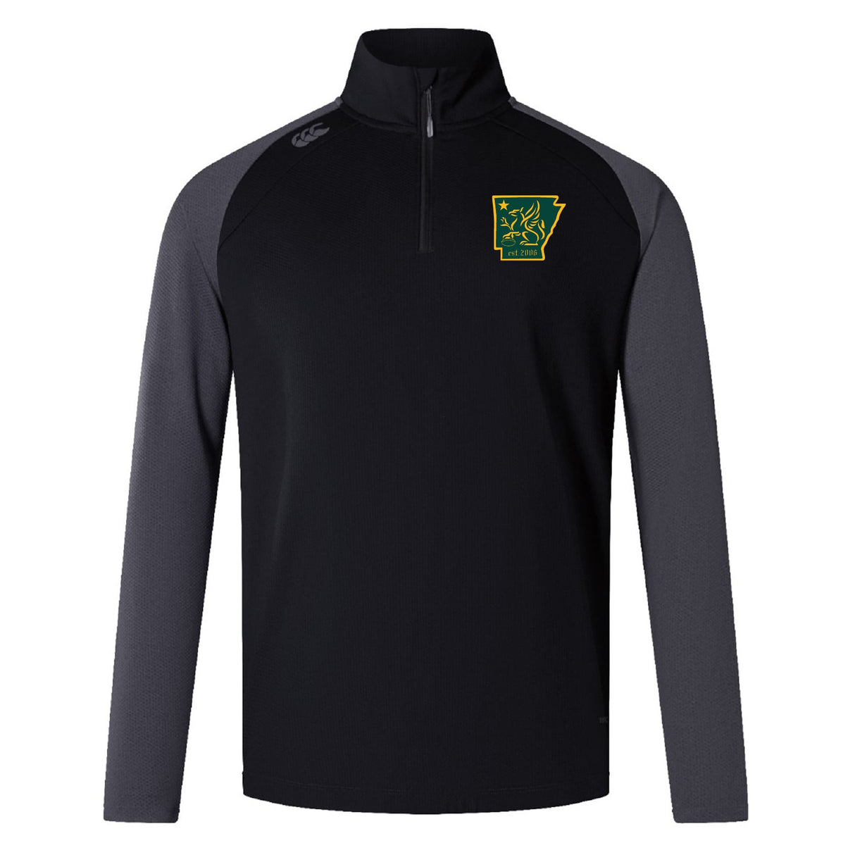 The Arkansas Gryphons Elite First Layer by EMB Canterbury is a black and dark gray, long-sleeve quarter-zip rugby training top with a yellow and green logo on the left chest and a small logo on the right shoulder.