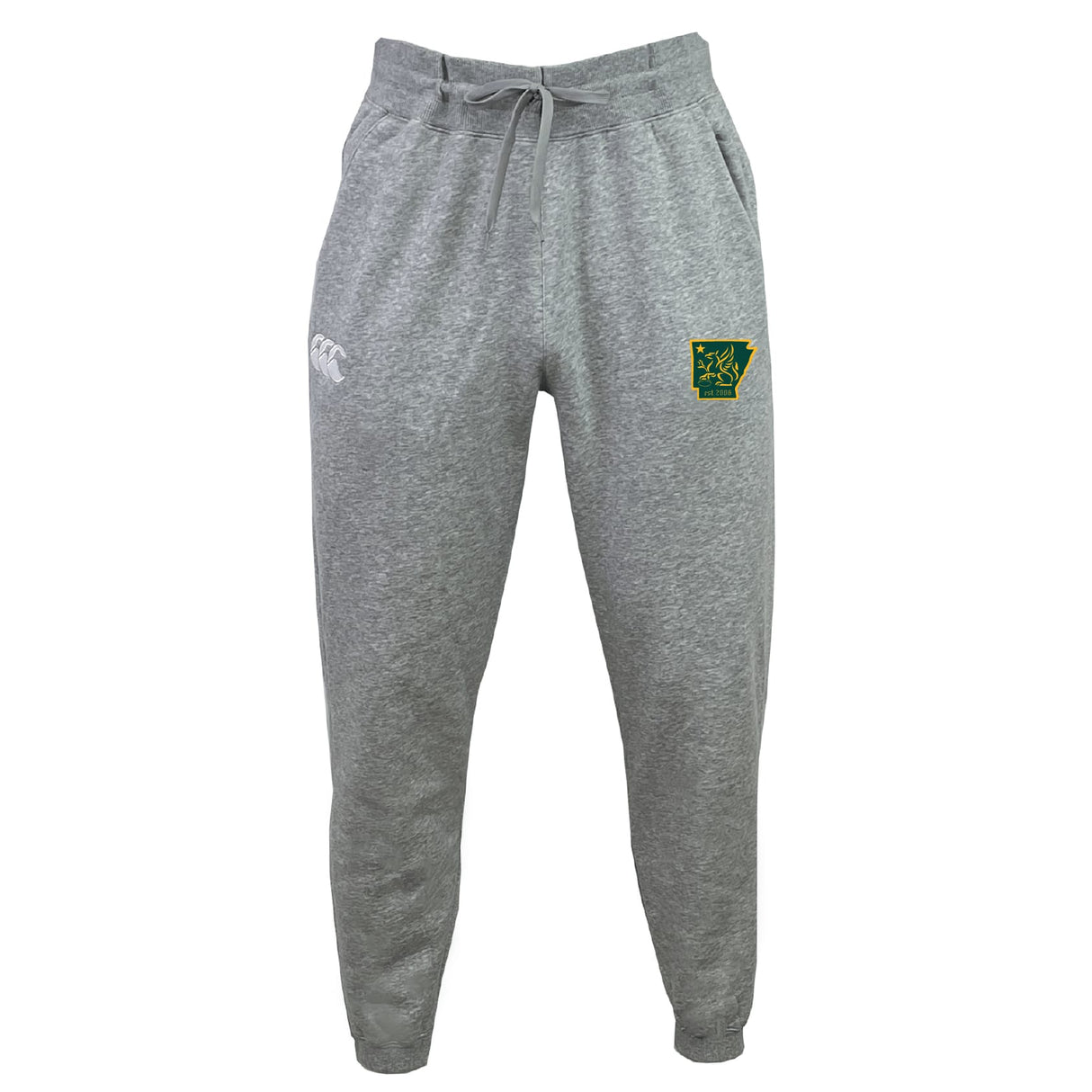 The Arkansas Gryphons Leisure Sweatpant by EMB Canterbury features gray organic cotton fleece, a drawstring waist, white logo on the left thigh, and a green-yellow patch on the right—perfect for leisure.