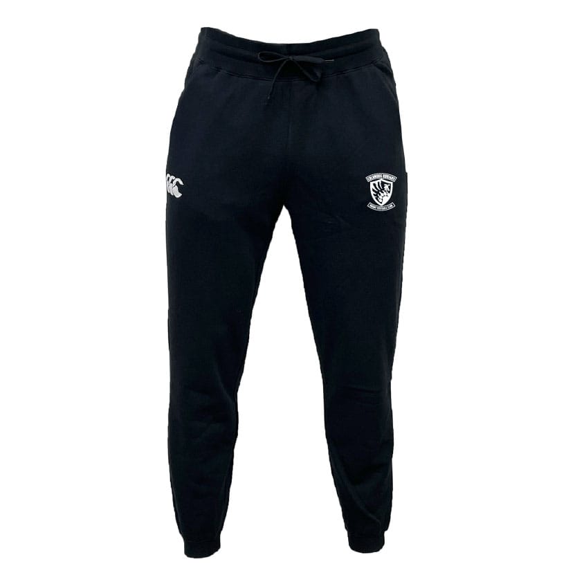 The Columbus Kodiaks Leisure Sweatpant by EMB Canterbury is made from recycled polyester, features a drawstring waist, and has two white logos on the upper thighs. Shown here against a plain white background.