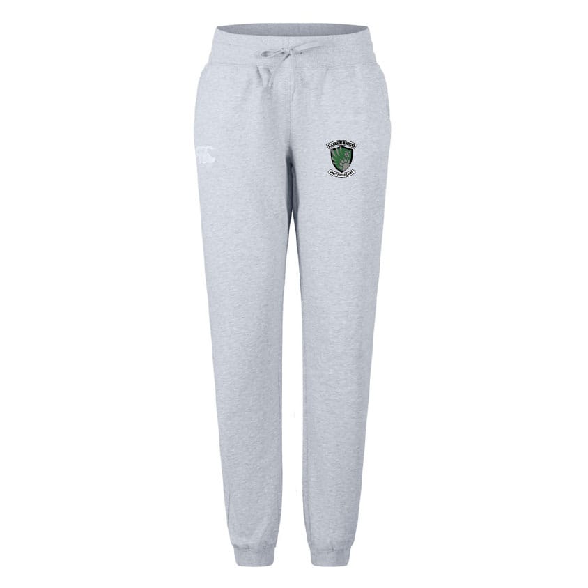 The Columbus Kodiaks Women's Leisure Sweatpant by EMB Canterbury features a light gray color, drawstring waist, cuffed ankles, and a green/black emblem—crafted from soft organic cotton for rugby training or relaxing in comfort.