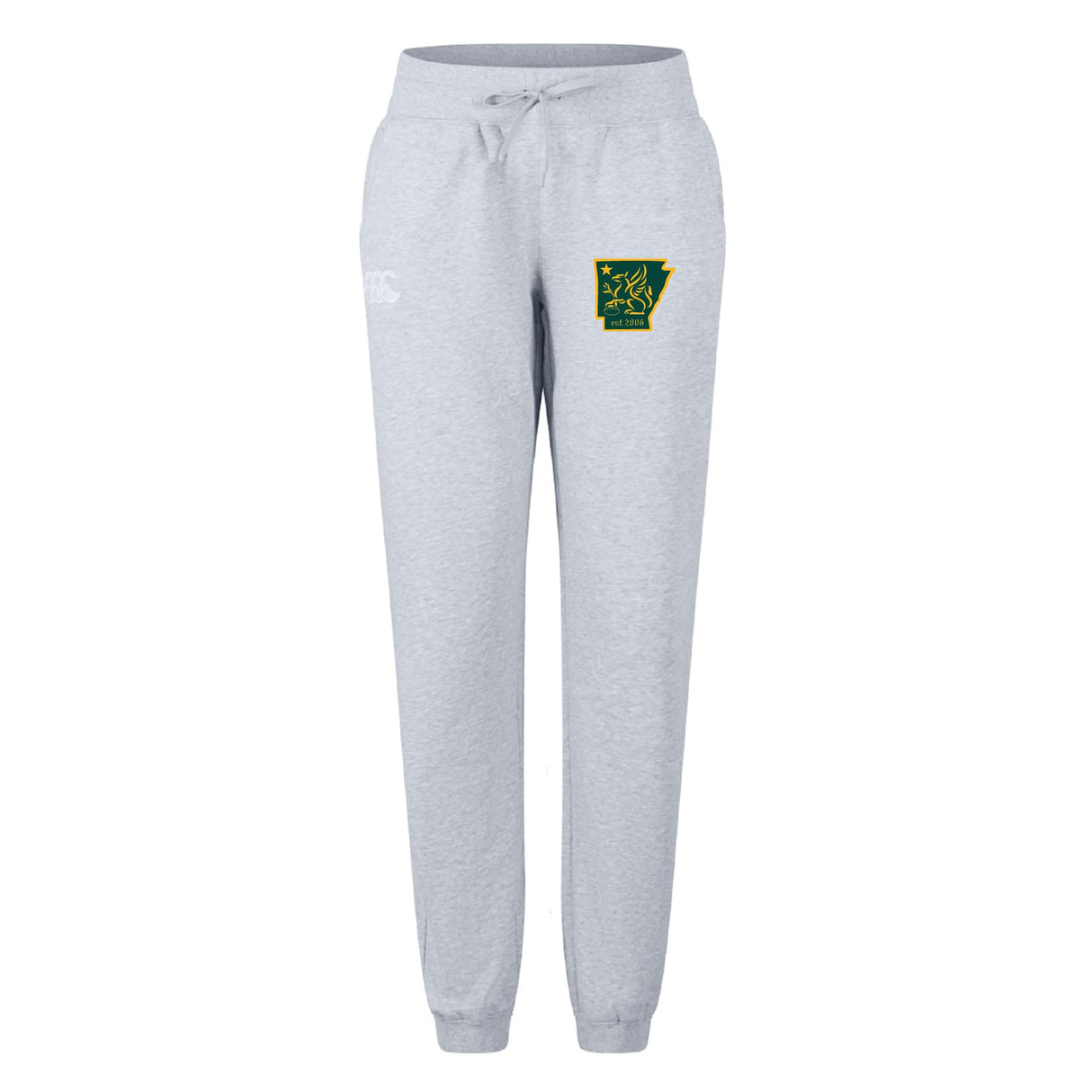 The Arkansas Gryphons Women’s Leisure Sweatpant by EMB Canterbury is light gray organic cotton, with a drawstring waist, green and yellow kangaroo logo on the left thigh, and white logo on the right hip.