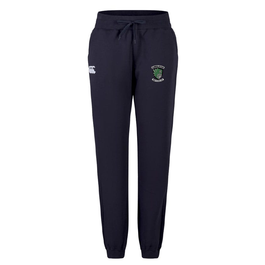 The Columbus Kodiaks Women's Leisure Sweatpant by EMB Canterbury is a navy blue jogger made from organic cotton, with a drawstring waist, white logo on the left thigh, and green/white crest—ideal for rugby training or casual wear.