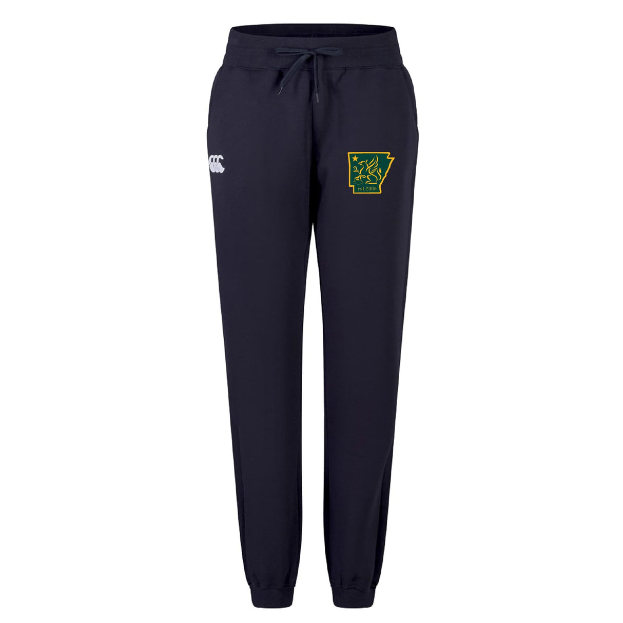 The Arkansas Gryphons Women's Leisure Sweatpant by EMB Canterbury features navy blue organic cotton, a drawstring waist, side pockets, and two logos: a white "CCC" on the left thigh and a green-yellow emblem on the right.