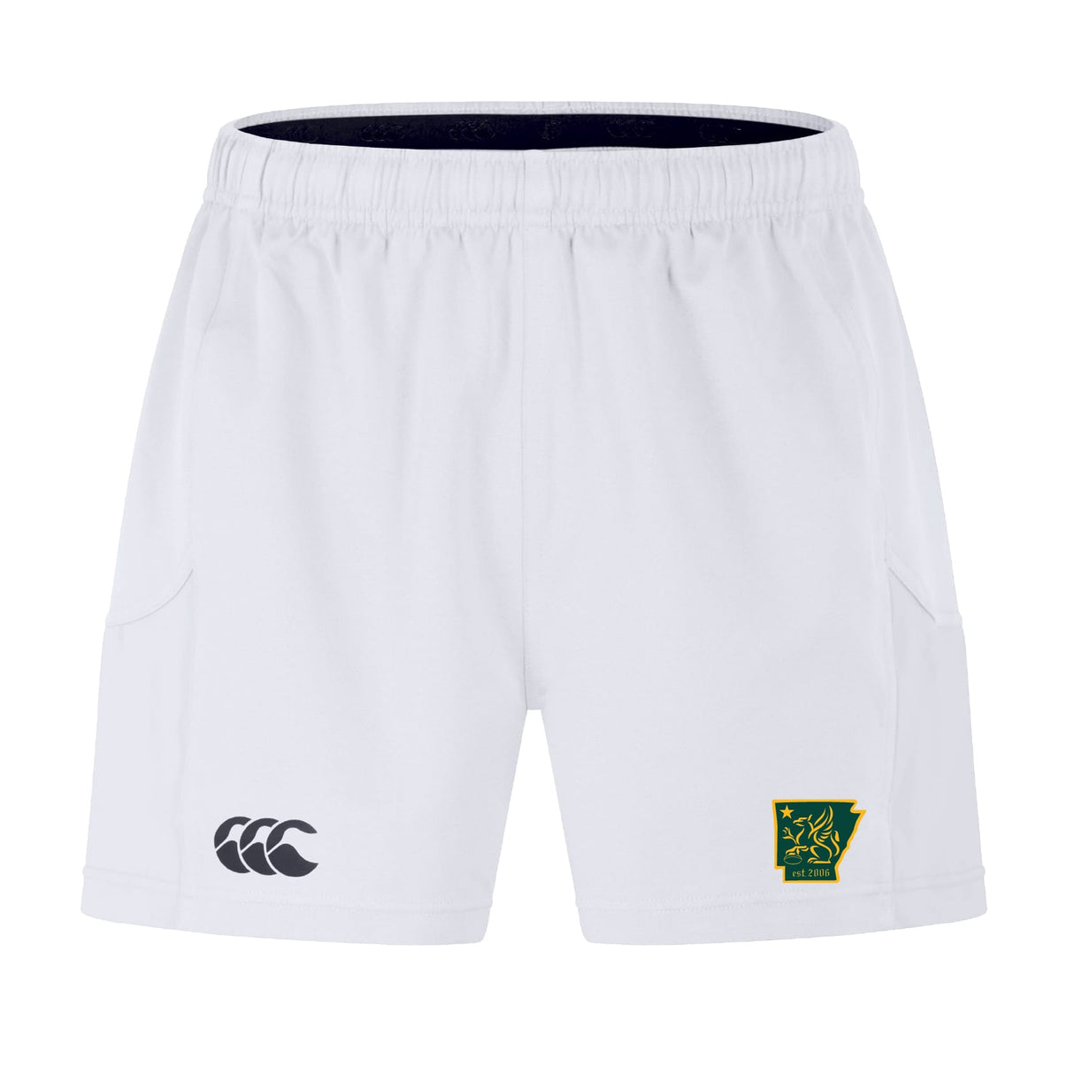 The Arkansas Gryphons Advantage Short 2.0 by EMB Canterbury are white performance sports shorts with an elastic waistband, black Canterbury logo on the left leg, and a green-and-yellow badge on the right. Sustainable athletic wear.