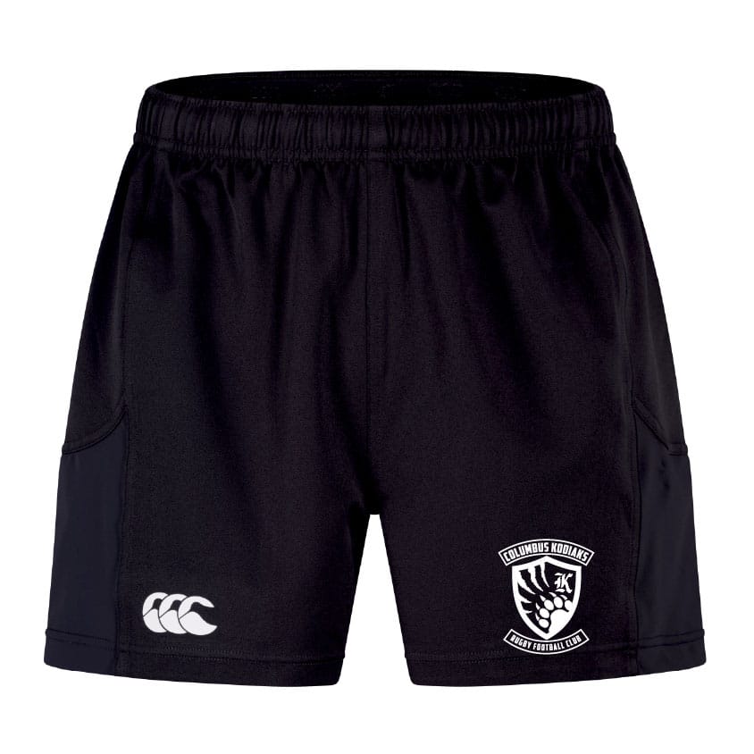 The EMB Canterbury Columbus Kodiaks Advantage Short 2.0 features a white embroidered logo on the left leg, a brand logo on the right, elastic waistband, side panels, and recycled material for performance and sustainability.