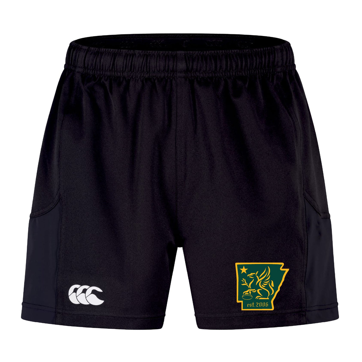 The Arkansas Gryphons Advantage Short 2.0 by EMB Canterbury features an elastic waistband, a white Canterbury logo on one leg, and a green and yellow patch with a griffin and Arkansas outline on the other.