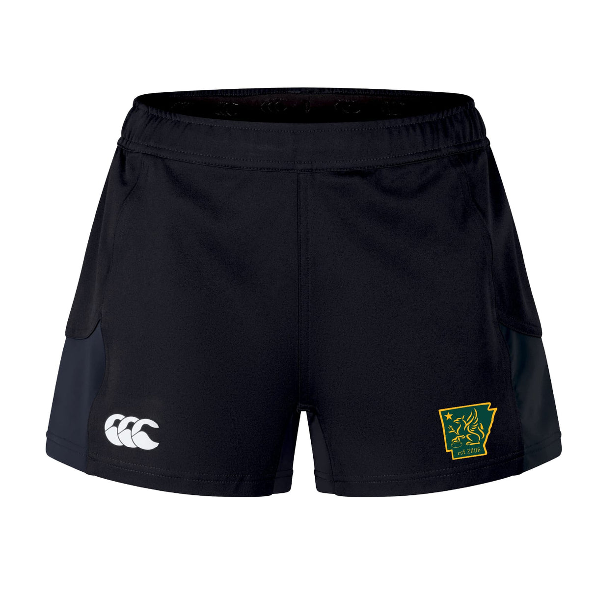 The Arkansas Gryphons Women's Advantage Short 2.0 by EMB Canterbury features a white Canterbury logo on the left leg and a green and yellow lion patch on the right, designed for sustainable athletic performance.