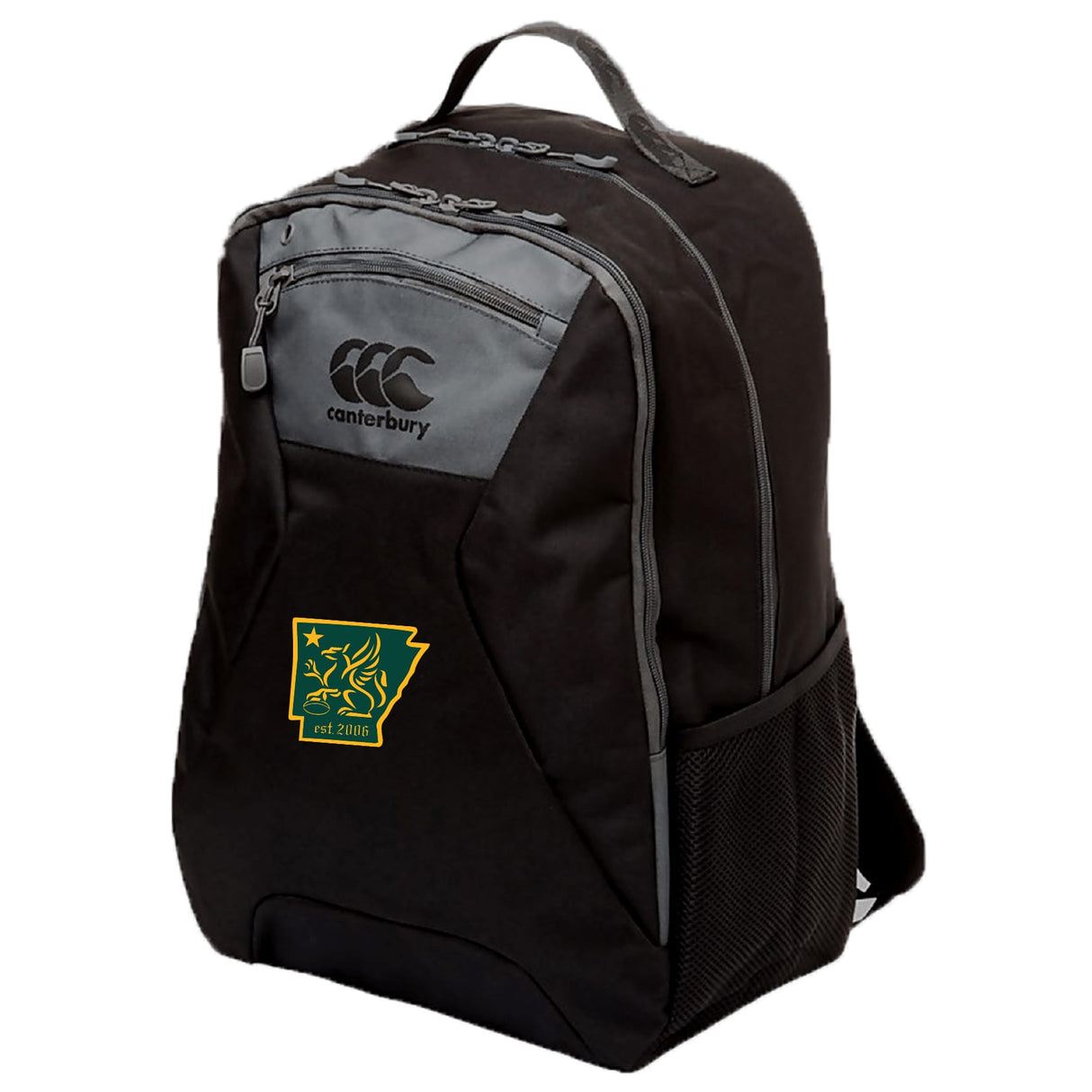 The EMB Canterbury Arkansas Gryphons Medium Backpack features black fabric with gray accents, a front zip pocket, mesh side pocket, padded laptop sleeve, water repellent finish, and a green-and-yellow Arkansas-themed logo patch.