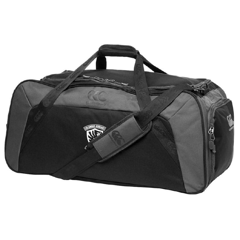 The Columbus Kodiaks Holdall Duffle Bag by EMB Canterbury is a black and grey, water-repellent duffel with handles, an adjustable shoulder strap, side zipper pocket, and front logo.