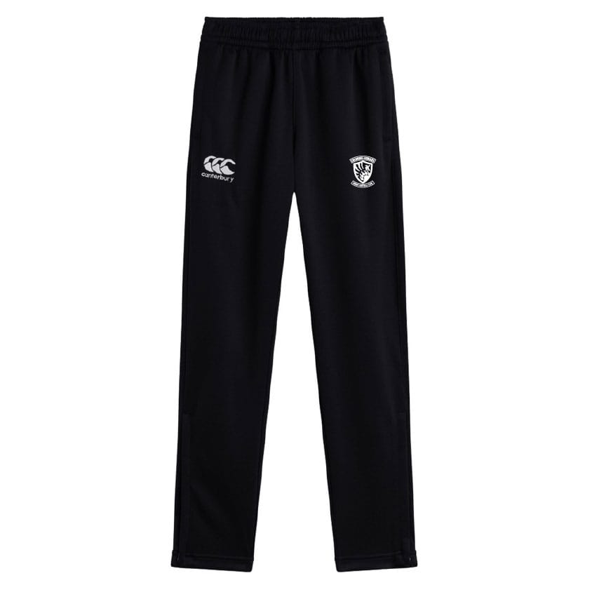 The Columbus Kodiaks Stretch Tapered Pant by EMB Canterbury features an elastic waistband, Canterbury logo left, and white team crest right—ideal men’s stretch pants for workouts.