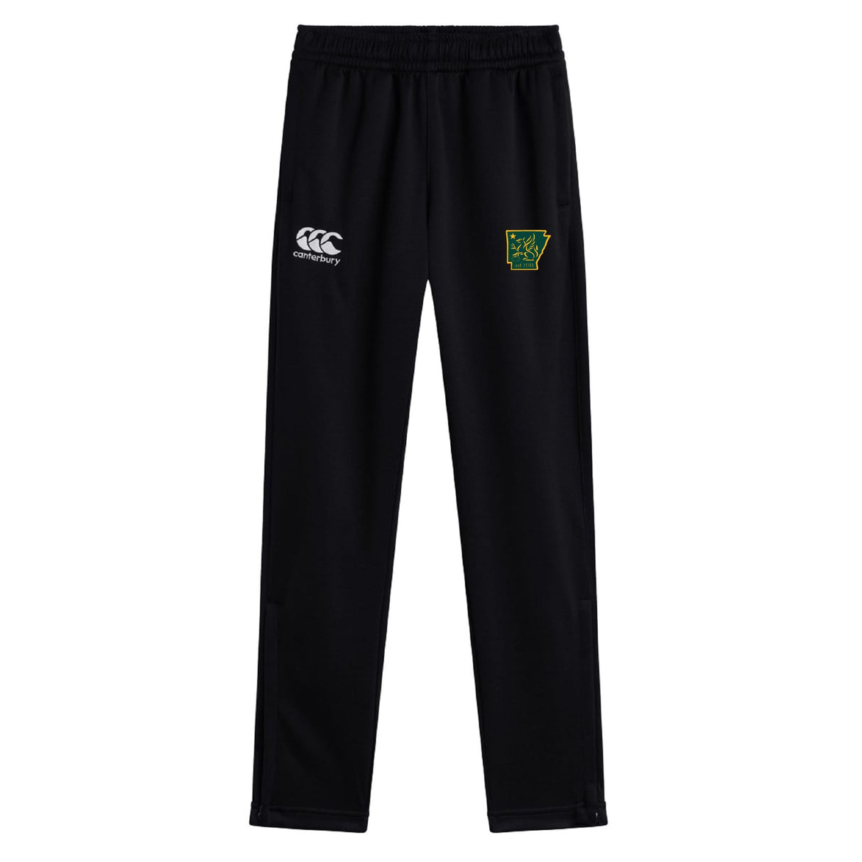The Arkansas Gryphons Stretch Tapered Pant by EMB Canterbury features black athletic fabric, an elastic waistband, white Canterbury branding, and a green and yellow Arkansas logo. These men’s pants deliver comfort and style for every workout.