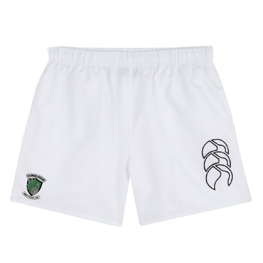 The Columbus Kodiaks Tactic Short by EMB Canterbury features an elastic waistband, a green and black crest on the left leg, and a black abstract logo on the right—perfect rugby shorts for training or match days.