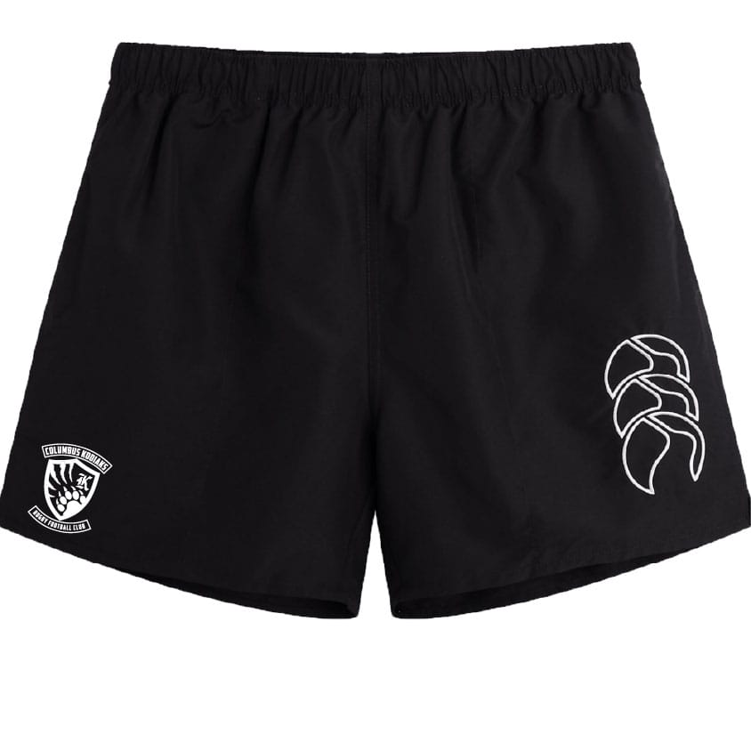 The EMB Canterbury Columbus Kodiaks Tactic Short features a white shield emblem on the left leg and an abstract design on the right, inspired by classic Canterbury rugby shorts.