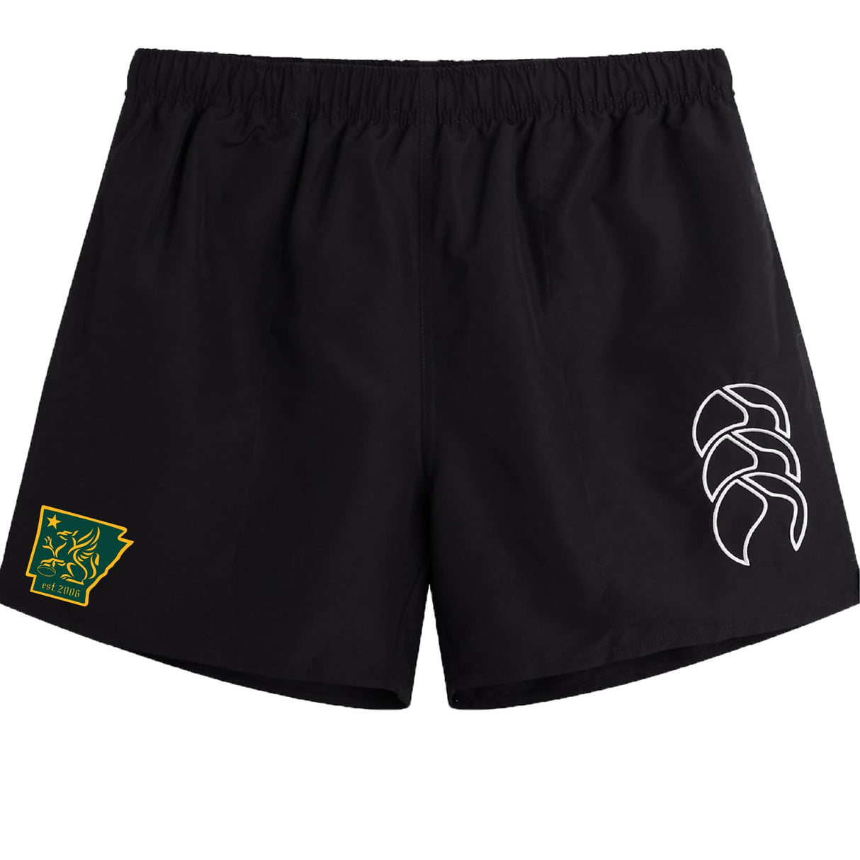 The Arkansas Gryphons Tactic Short by EMB Canterbury is a black men’s rugby short with an elastic waistband, white logo on the right leg, and yellow-green patch on the left—perfect for gym training or as Canterbury shorts.
