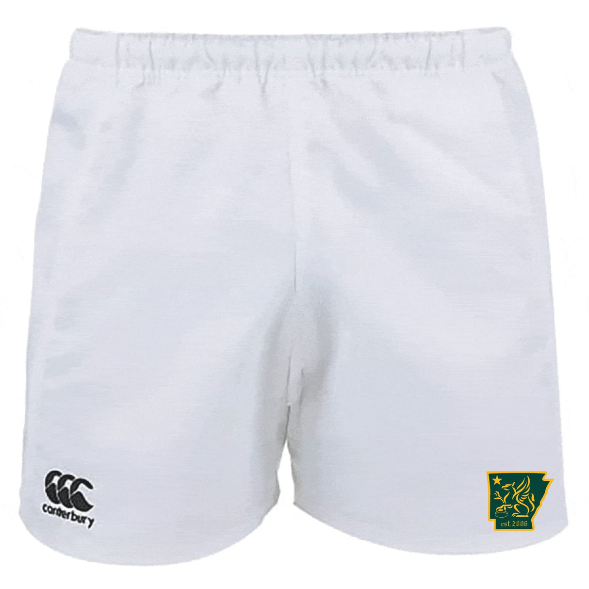 The Arkansas Gryphons Advantage Rugby Shorts by EMB Canterbury feature the CCC logo on the left leg and a green and yellow emblem on the right.