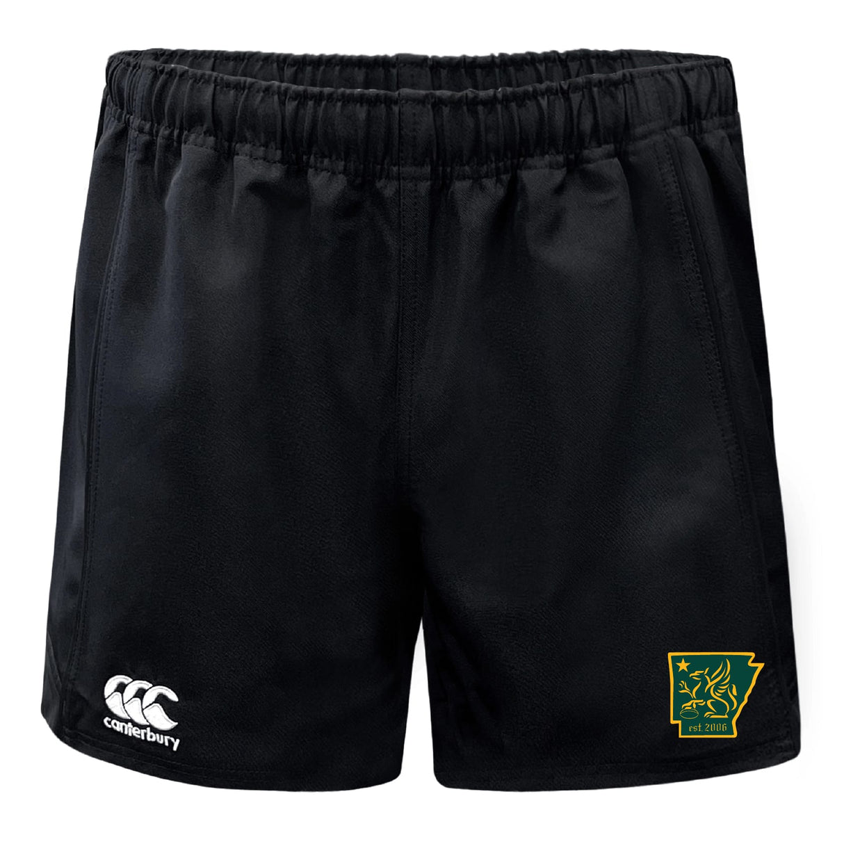 The Arkansas Gryphons Advantage Rugby Shorts by EMB Canterbury feature a white Canterbury logo on the left leg and a green/yellow crest on the right. With an elastic waistband, they're ideal for training or match day, offering comfort and durability.