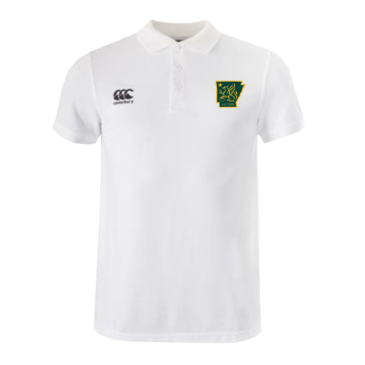The Arkansas Gryphons Waimak Polo by EMB Canterbury is a white men's polo featuring the Canterbury rugby logo on the right chest and a green and yellow "La Salle" emblem on the left, in classic CCC Waimak Rugby Polo style.
