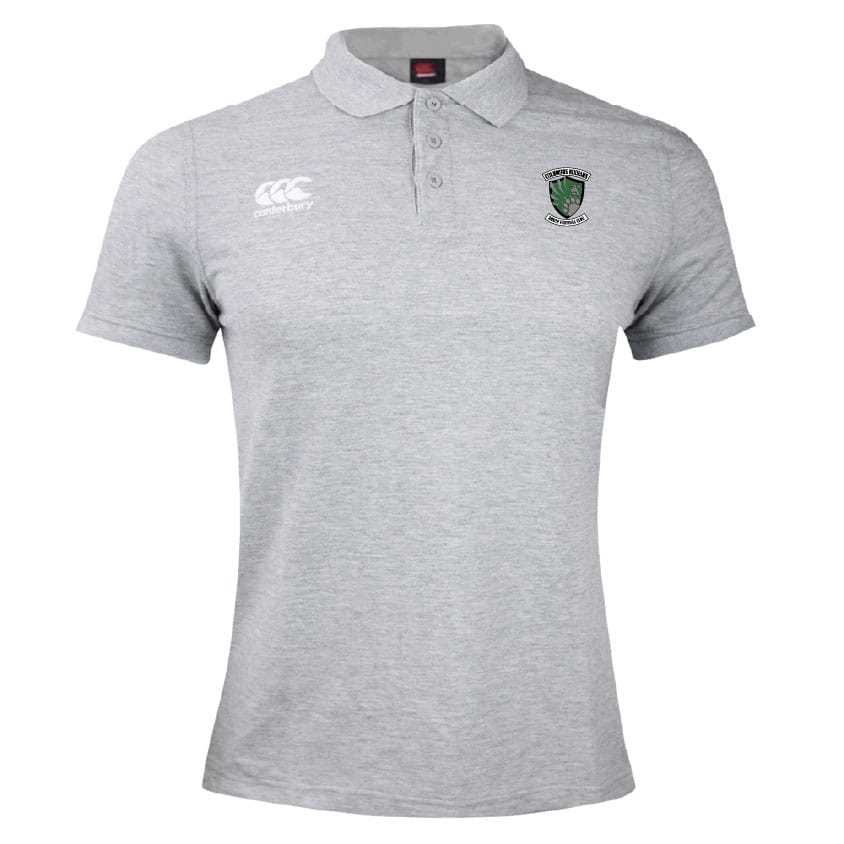 The Columbus Kodiaks Waimak Polo by EMB Canterbury is a light grey, short-sleeve shirt with a classic collar, two-button placket, EMB Canterbury logo on the right chest, and a green and black shield crest on the left.