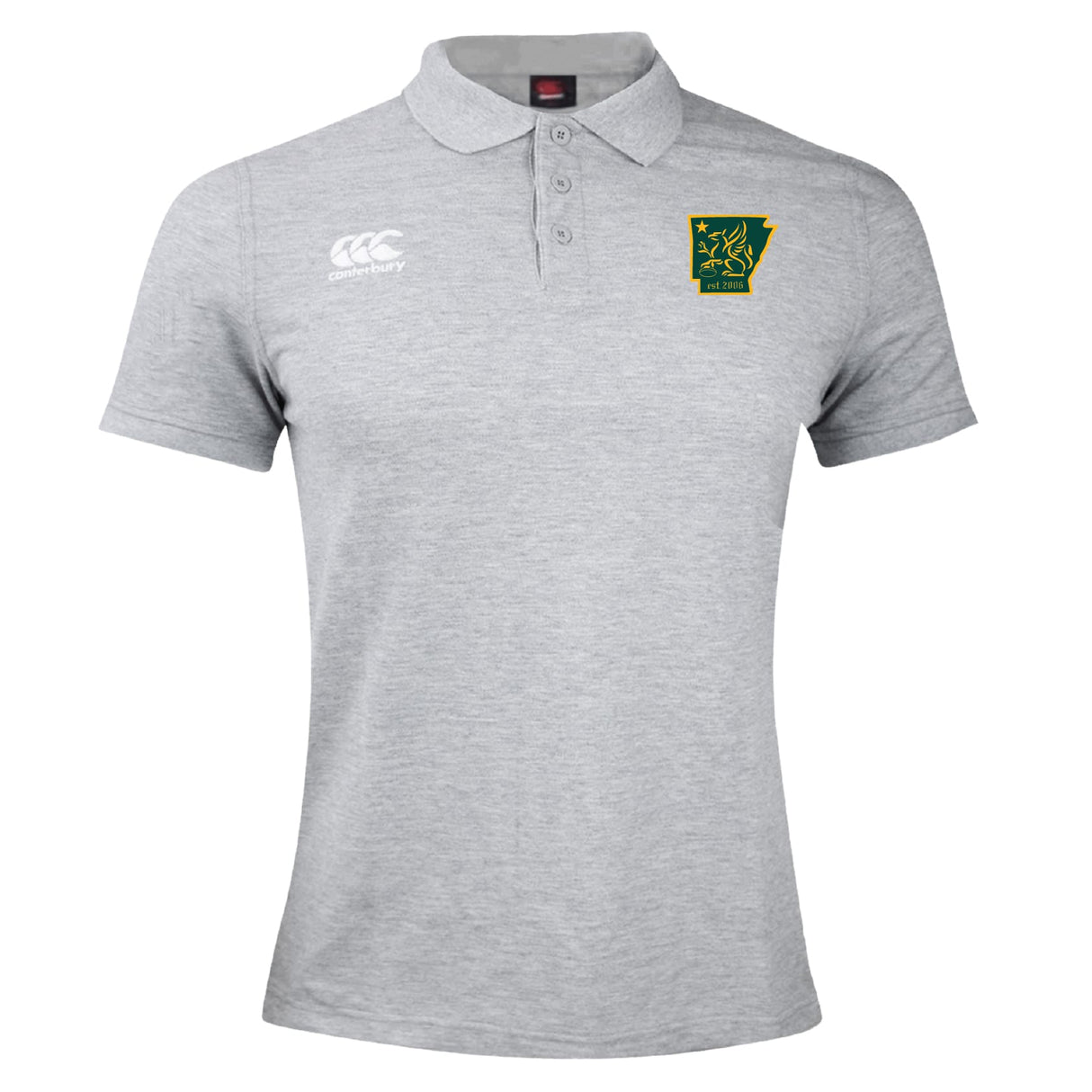Light grey Arkansas Gryphons Waimak Polo by EMB Canterbury for men, with short sleeves, buttoned collar, white Canterbury rugby logo, and a green-yellow chest patch—classic style from the CCC Waimak Rugby Polo collection.