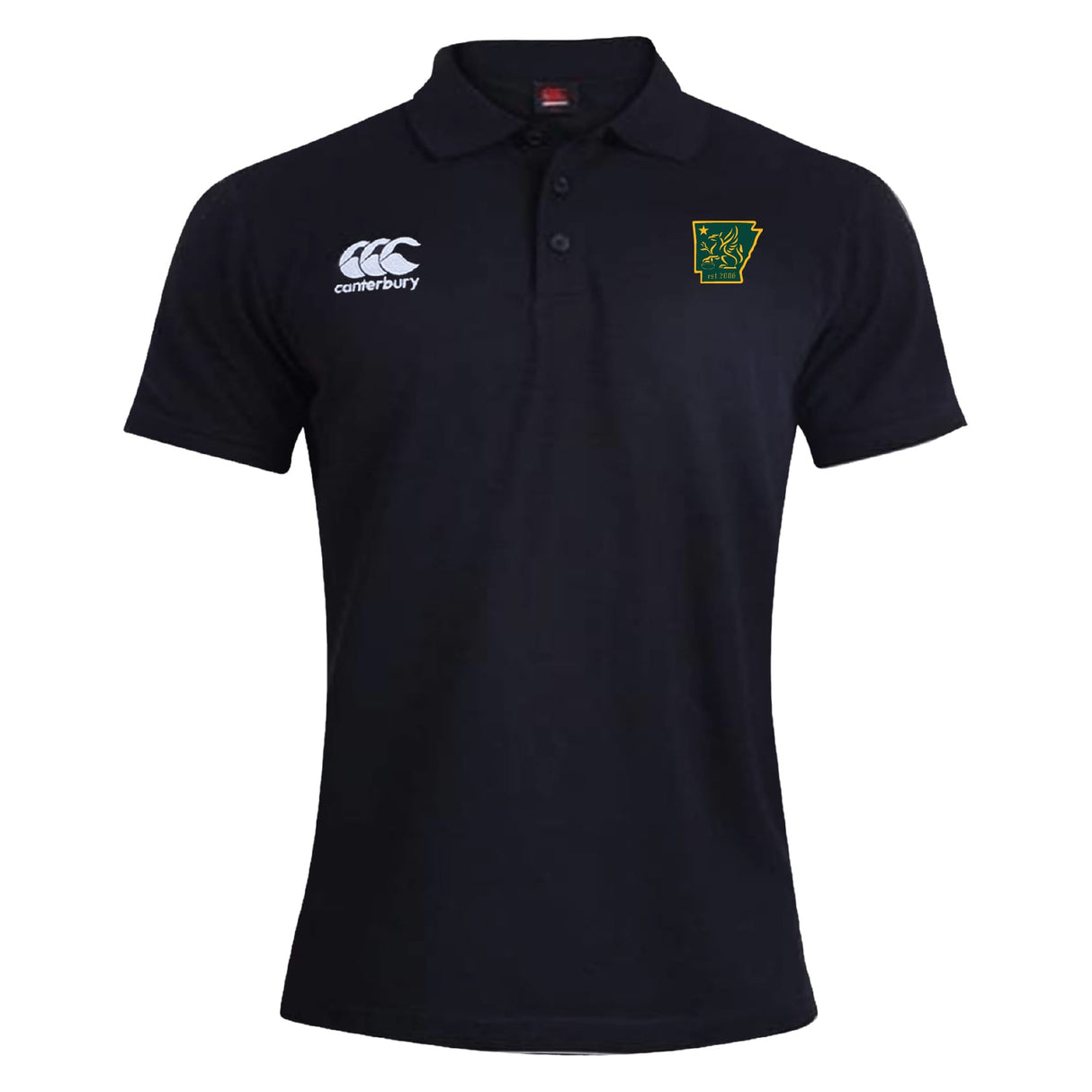 The Arkansas Gryphons Waimak Polo by EMB Canterbury is a black short-sleeve rugby polo with a Canterbury logo on the right chest and a green and yellow Arkansas Gryphons crest on the left—perfect for rugby fans.