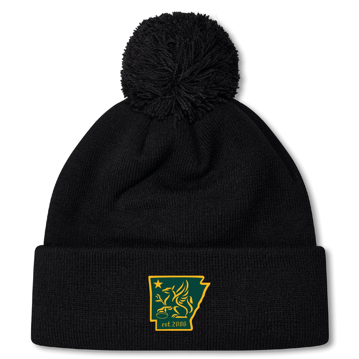 The Arkansas Gryphons Pom Pom Beanie by EMB Canterbury features black fleece lining, a pom-pom, and a yellow-green embroidered Arkansas patch with lion and "est 2006"—a custom rugby hat for fans.