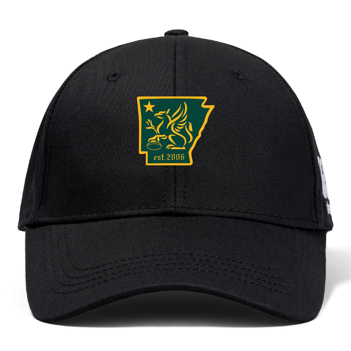 The Arkansas Gryphons Flexfit Drill Cap by EMB Canterbury features an embroidered Arkansas logo with a winged lion, star, and "est. 2006" in yellow and green on the front.