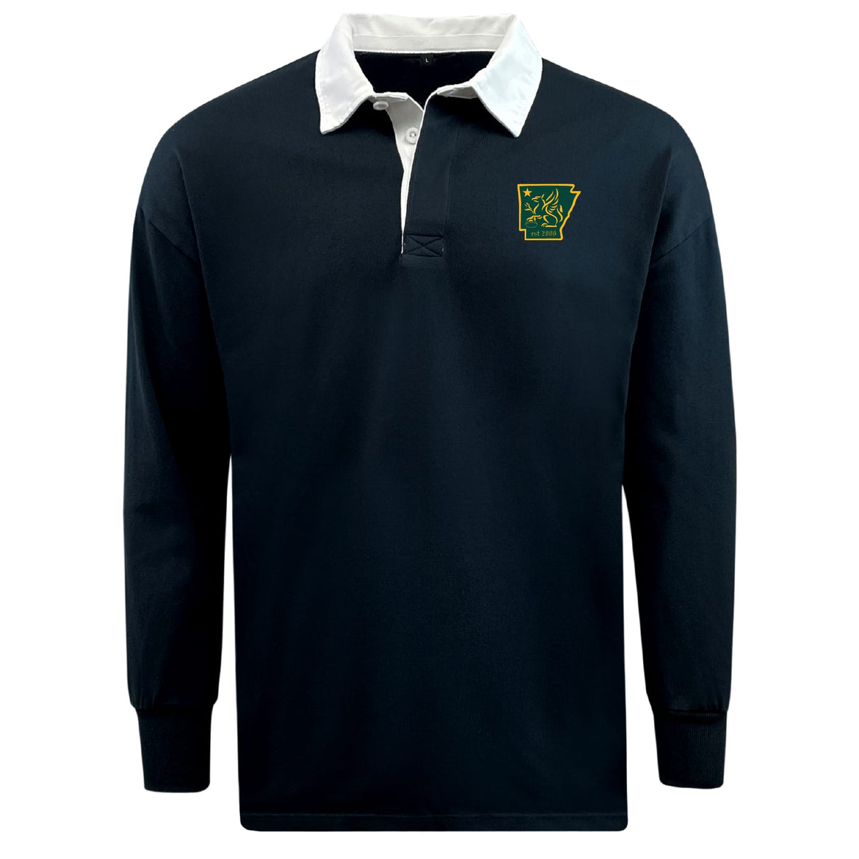 The EMB Mudoo Arkansas Gryphons Classic Long Sleeve Solid Rugby Jersey is a black rugby shirt with a white collar, button placket, and a small green and yellow logo on the left chest.