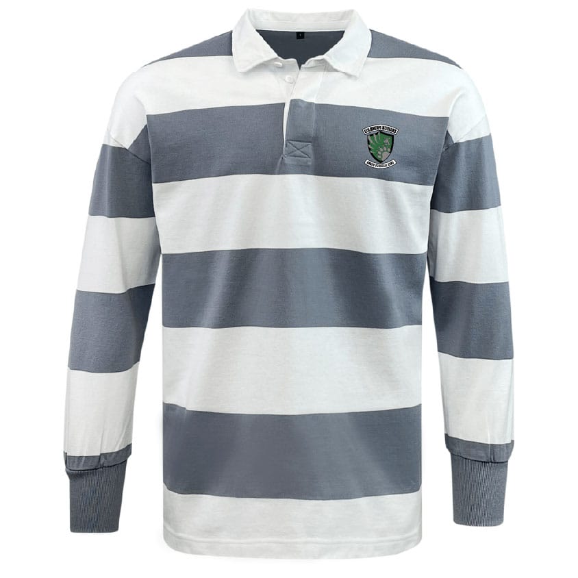The EMB Mudoo Columbus Kodiaks Classic Long Sleeve Hooped Rugby Jersey features wide grey and white stripes, a crisp white collar, and an embroidered crest—ideal leisurewear for any casual occasion.