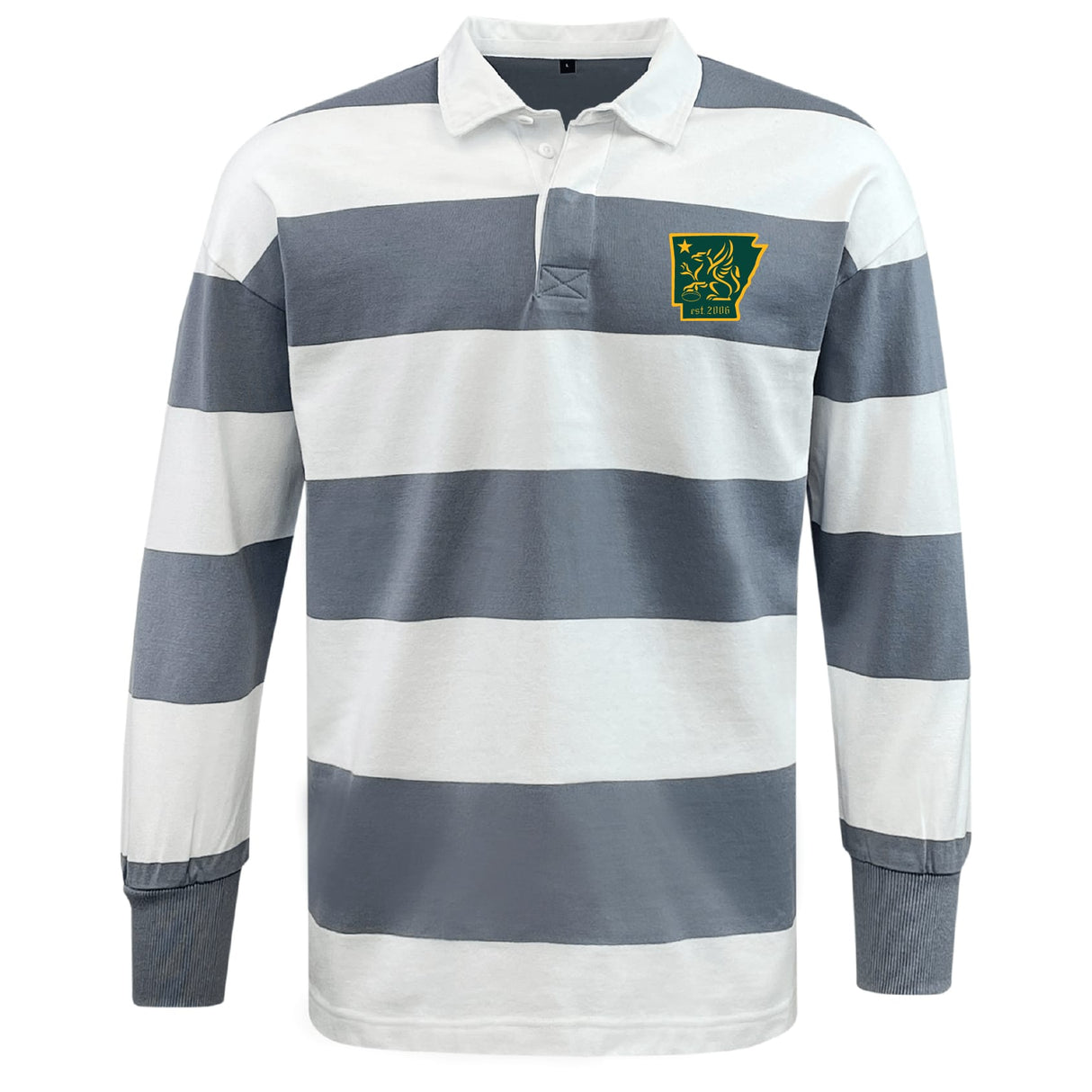 The EMB Mudoo Arkansas Gryphons Classic Long Sleeve Hooped Rugby Jersey features wide gray and white stripes, a classic collar, and a green and yellow chest patch for timeless comfort and style.