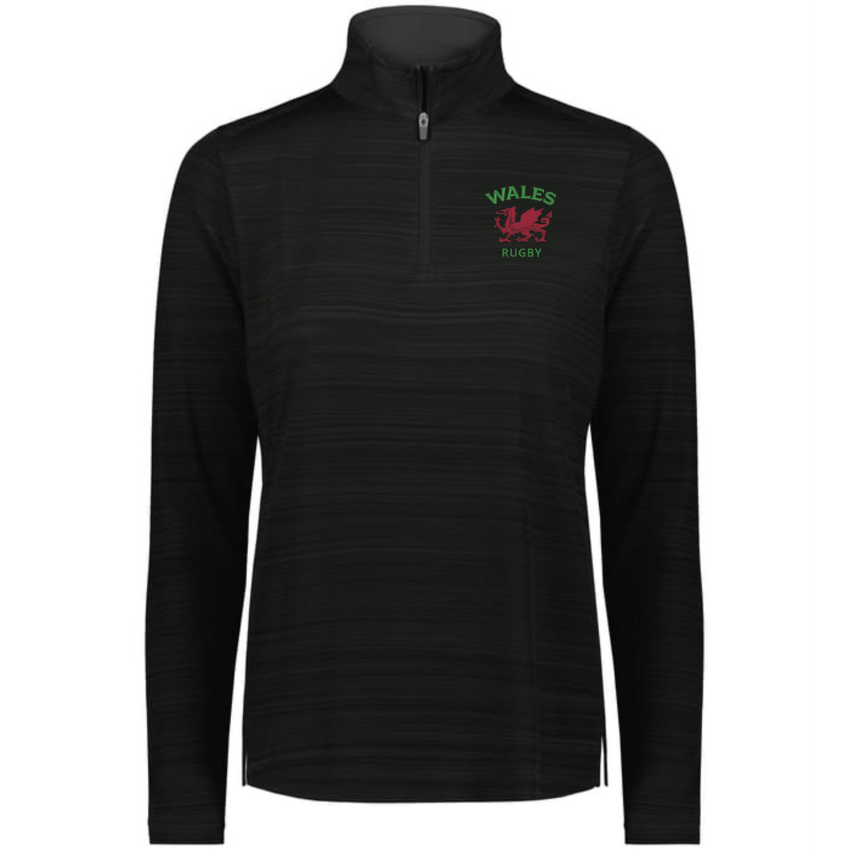 The EMB Augusta Women's Nations of Rugby Wales Pursuit 1/4 Zip Pullover features "WALES RUGBY" and a red dragon logo on the left chest, plus moisture-wicking fabric for comfort all day.