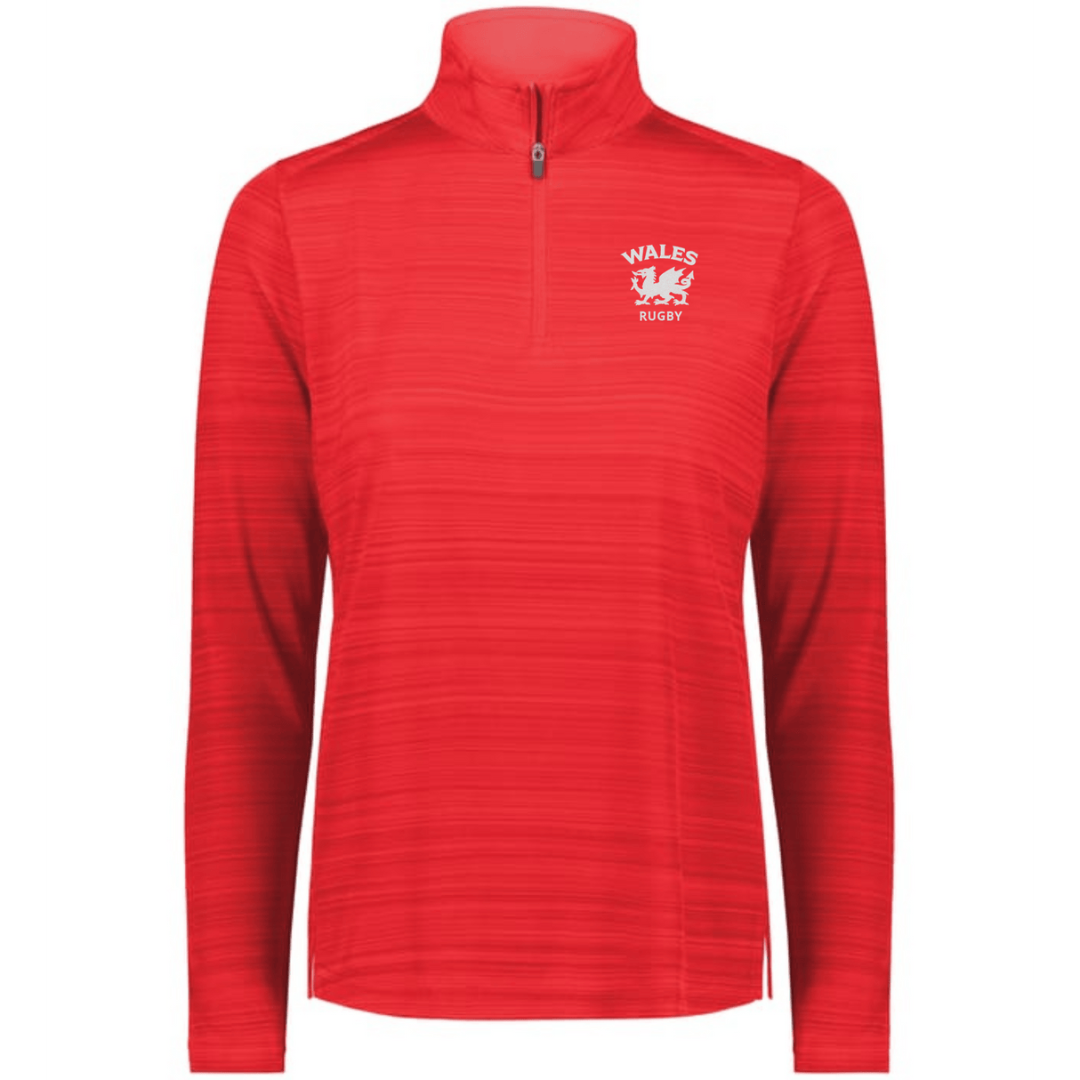 The EMB Augusta Women's Nations of Rugby Wales Pursuit 1/4 Zip Pullover is a red, long-sleeved, moisture-wicking top featuring "WALES RUGBY" and a white dragon emblem on the left chest.