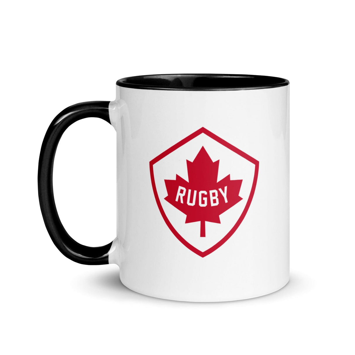 A white and black Rugby Canada Color Mug with a red PF LIC logo.