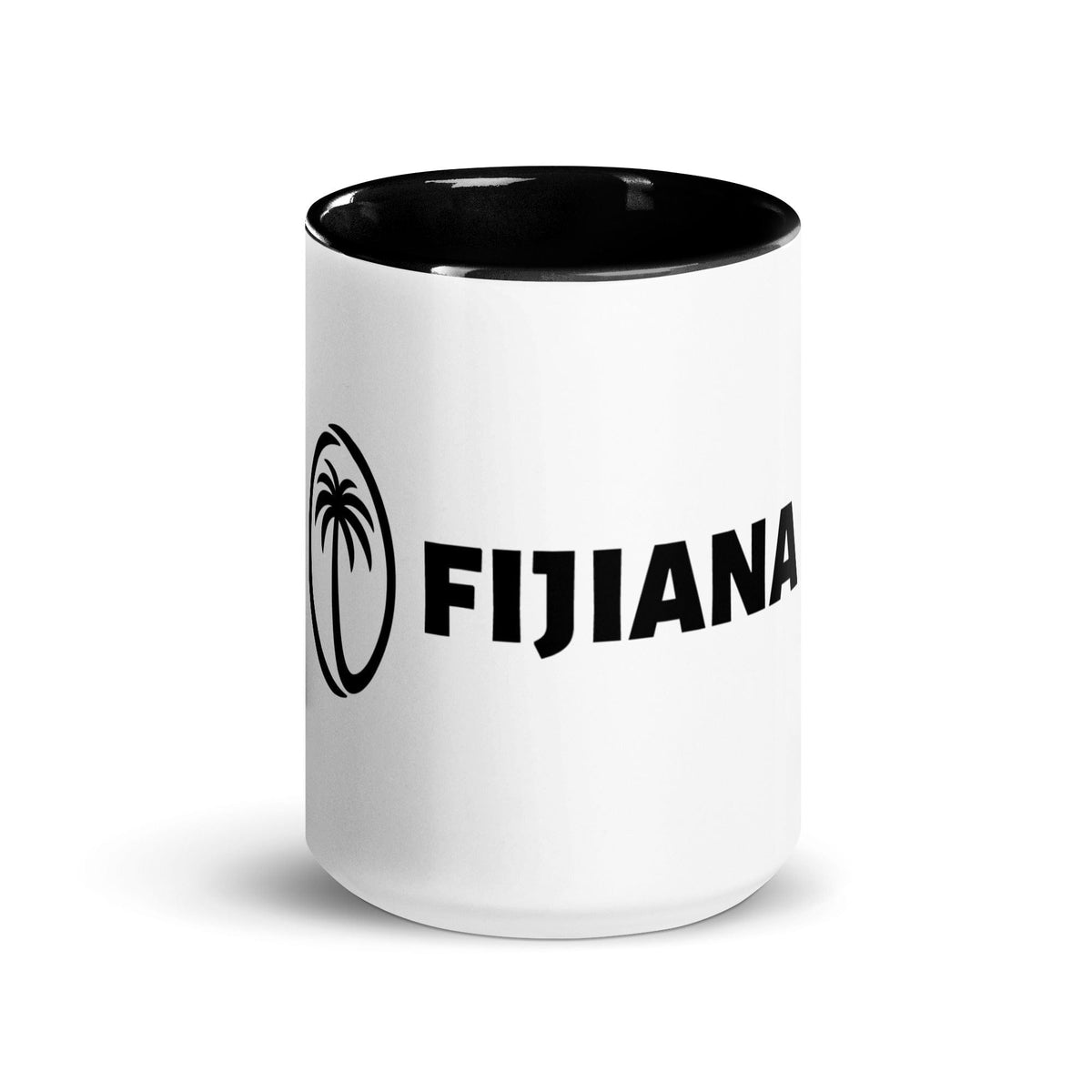 A white and black Fijiana Mug with the word PF on it.