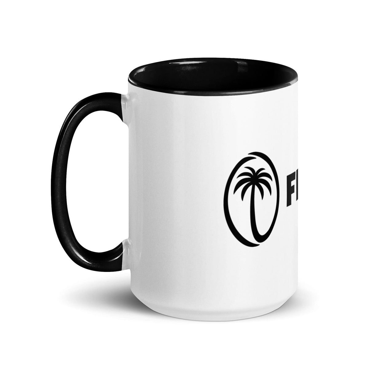 a black and white Fijiana mug with a palm tree on it. (Brand: PF)