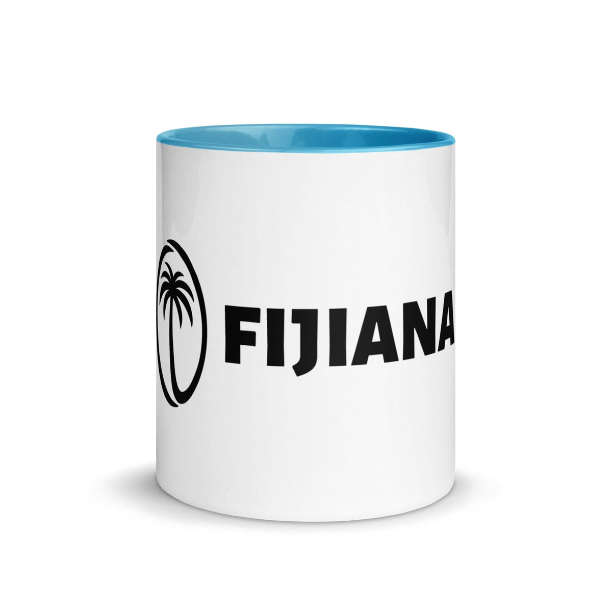 a white and blue Fijiana Mug with the word PF on it.
