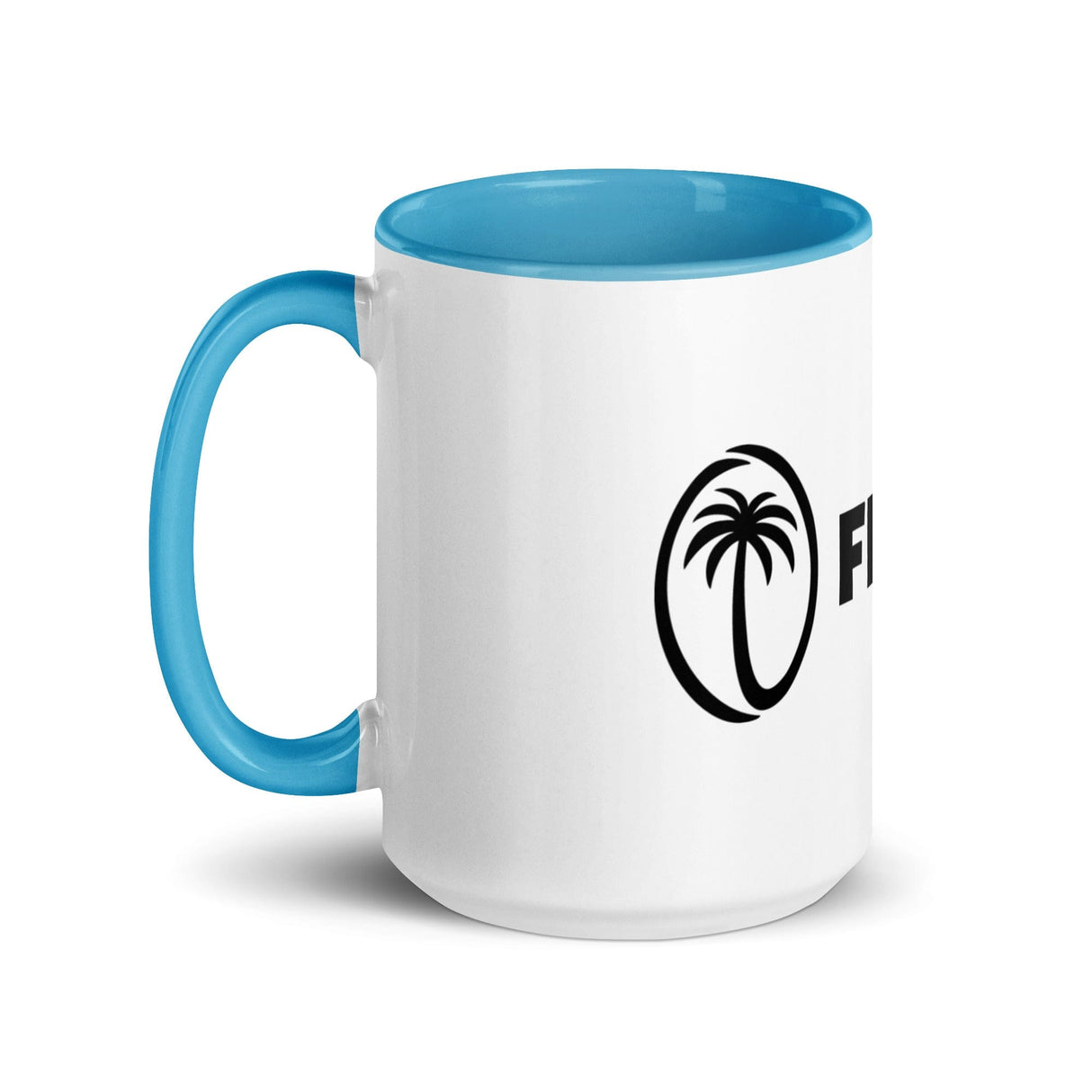 a white and blue Fijiana Mug with a palm tree logo on it from the brand PF.