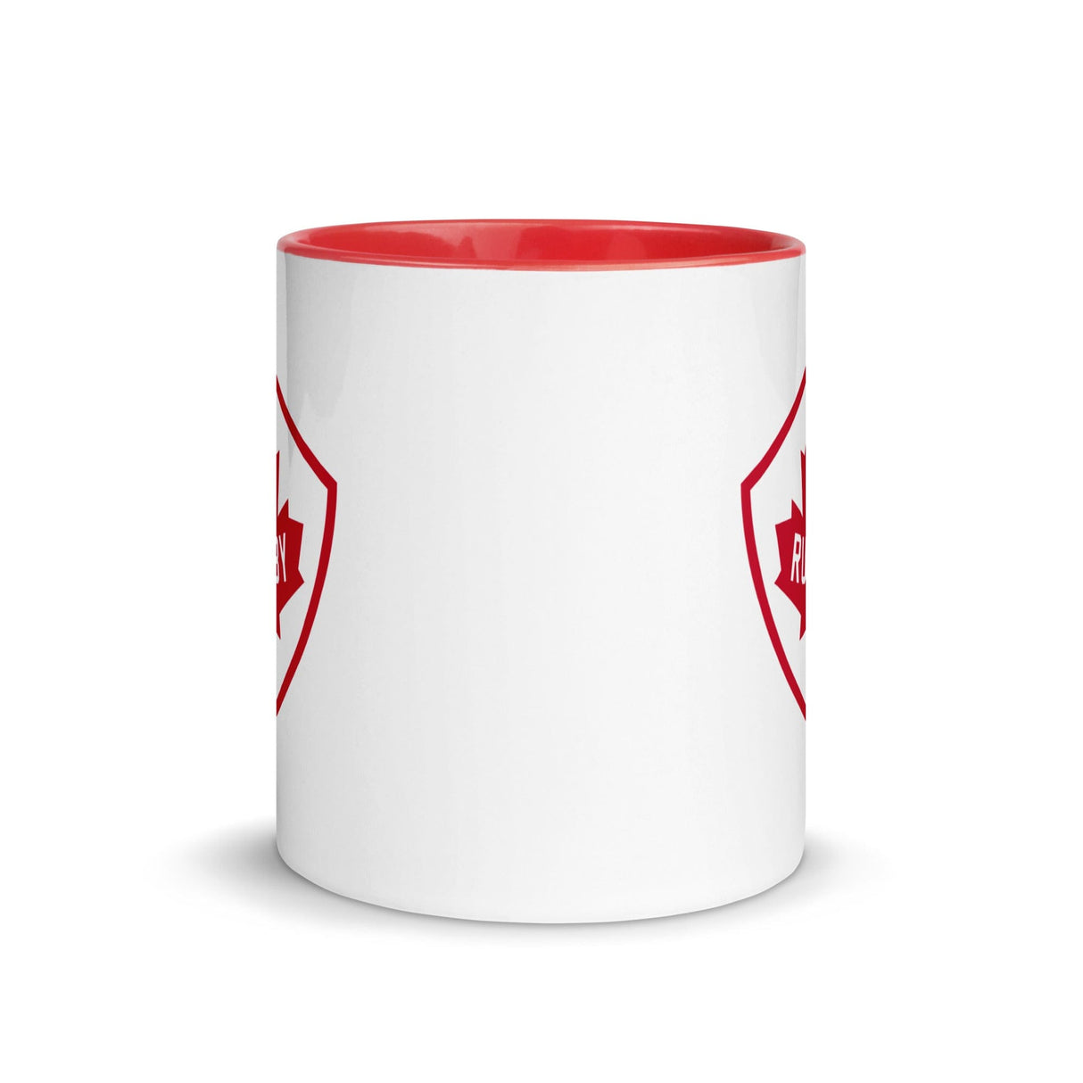 A white and red Rugby Canada Color Mug featuring the Canadian Rugby Union flag, perfect for Canadian rugby fans.