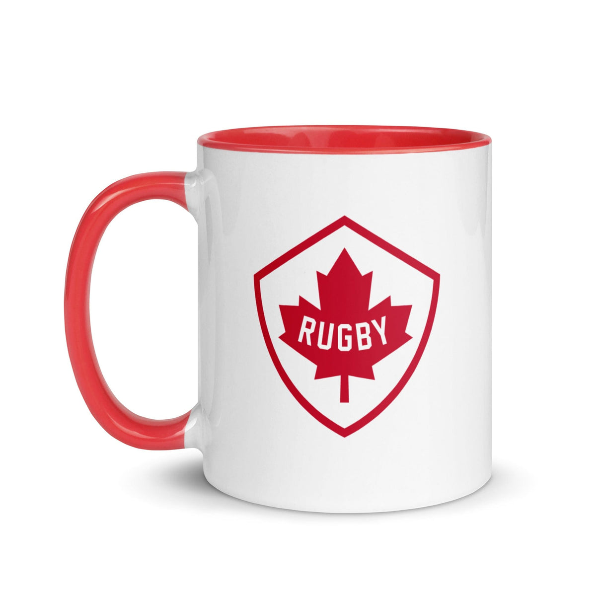 A white and red Rugby Canada Color Mug with a PF LIC logo on it.