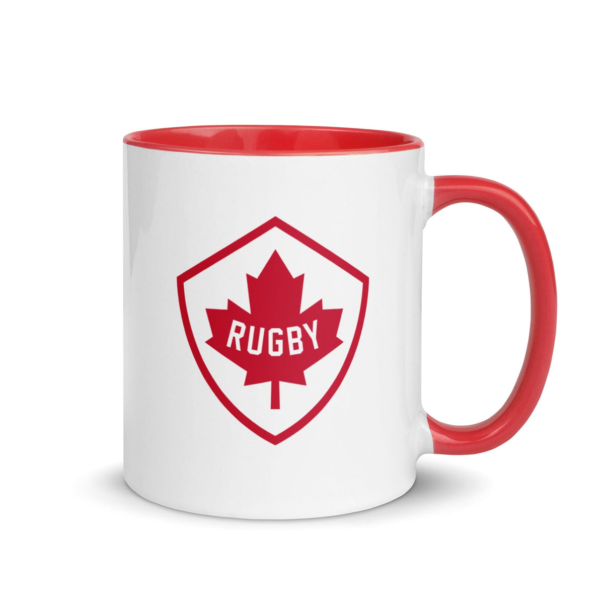 A red and white Rugby Canada Color Mug with the word rugby on it, perfect for Canadian rugby fans.