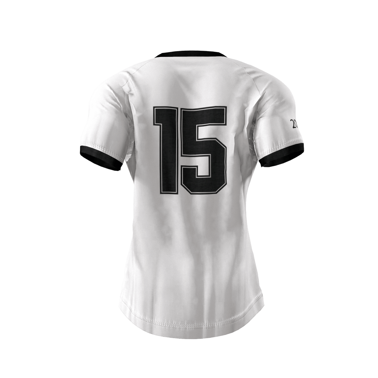 The Custom GIL AXI JS Morton High Alumni Jersey is a white short-sleeve sports top with black trim, featuring a large black number 15 on the back.