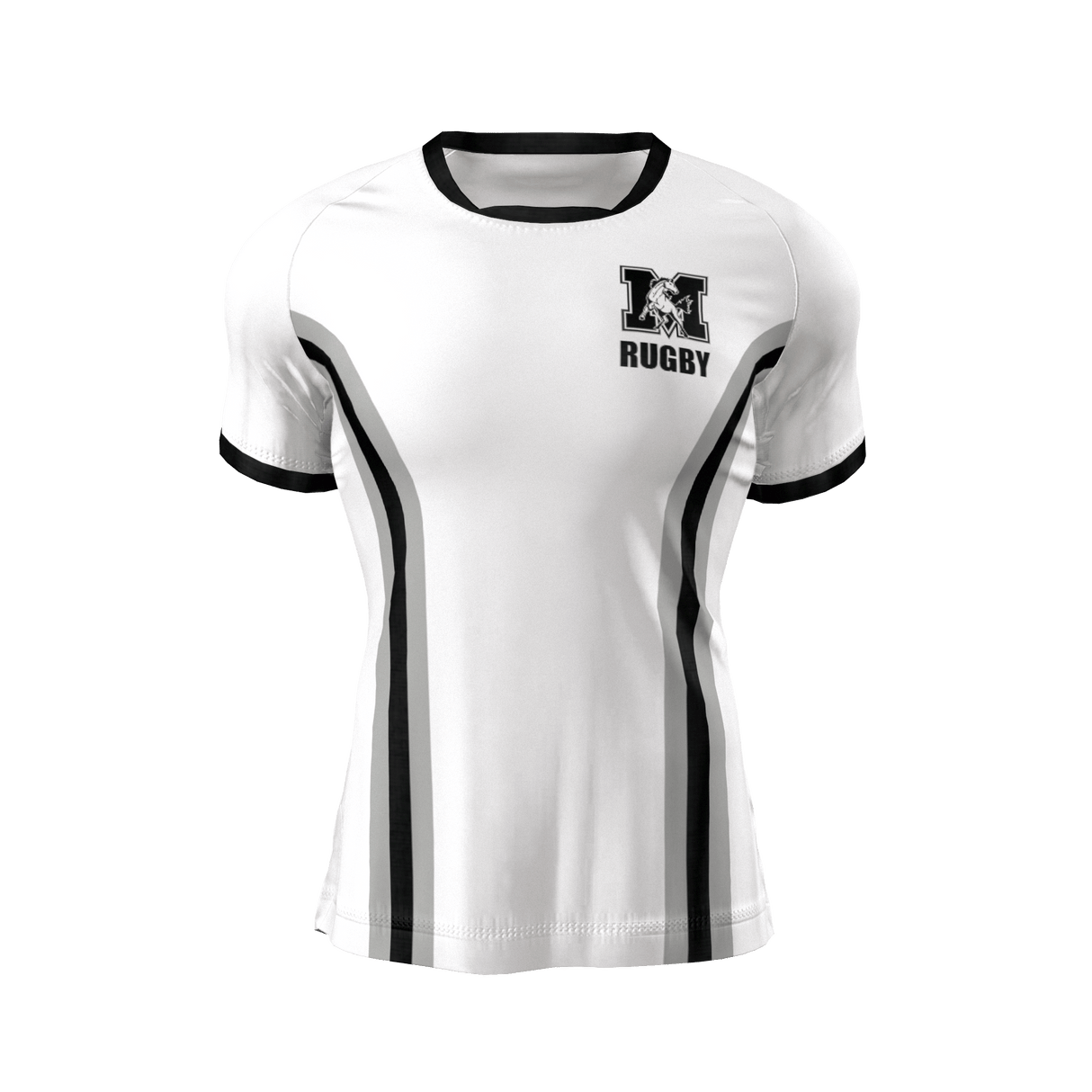 The JS Morton High Alumni Jersey by Custom GIL AXI is a white rugby shirt with black trim and stripes, featuring an "M" logo and "RUGBY" text on the left chest, shown on a plain background.