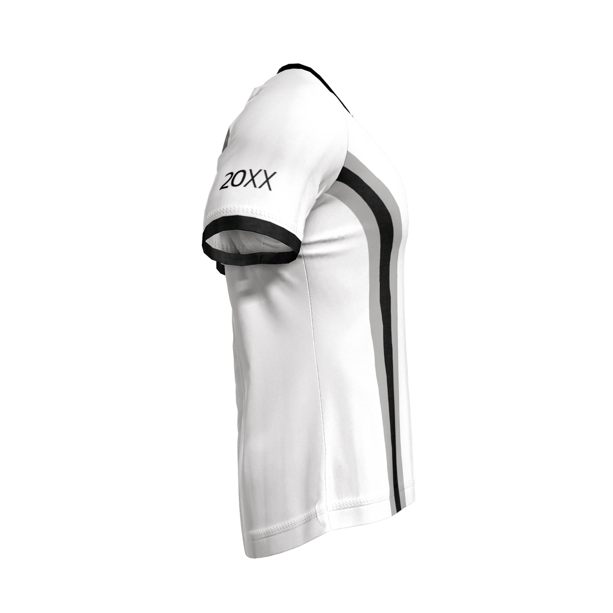 The JS Morton High Alumni Jersey by Custom GIL AXI is a white short-sleeve athletic shirt with black side stripes and "20XX" on the left sleeve, displayed on a light background.
